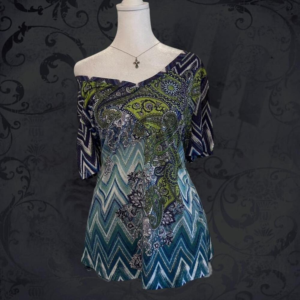embellished zigzag chevron paisley floral scroll v neck teal navy boho top